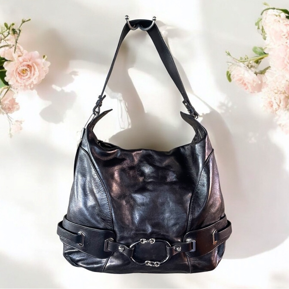 Vintage NWT Francesca Biasia “Wonder Lily” Black Leather Handbag Shoulder Bag